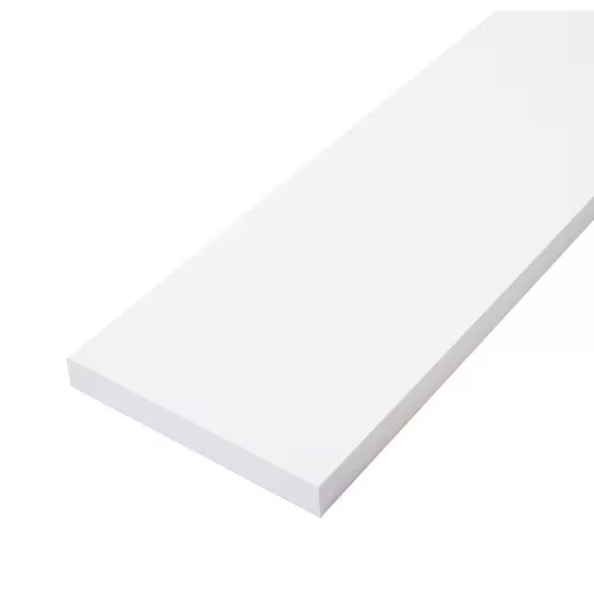 A close-up of Go Builds 1 in. x 4 in. x 16 ft. White Primed Trim Pine Board showcases its smooth, rectangular form and minimalist design, angled diagonally on a plain white background to accentuate its flat surface and straight edges.
